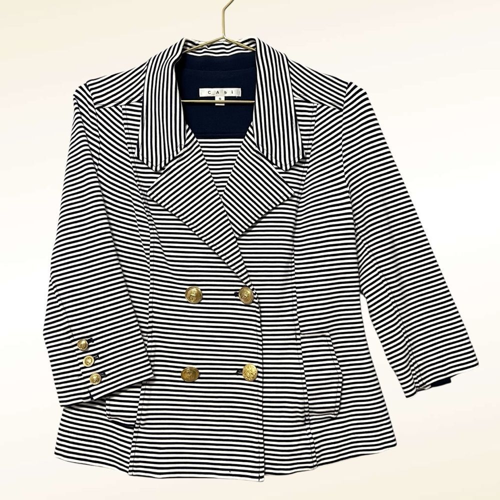 CAbi Navy Striped Knit Blazer Size Small 3/4 Sleeves Nautical Preppy Office